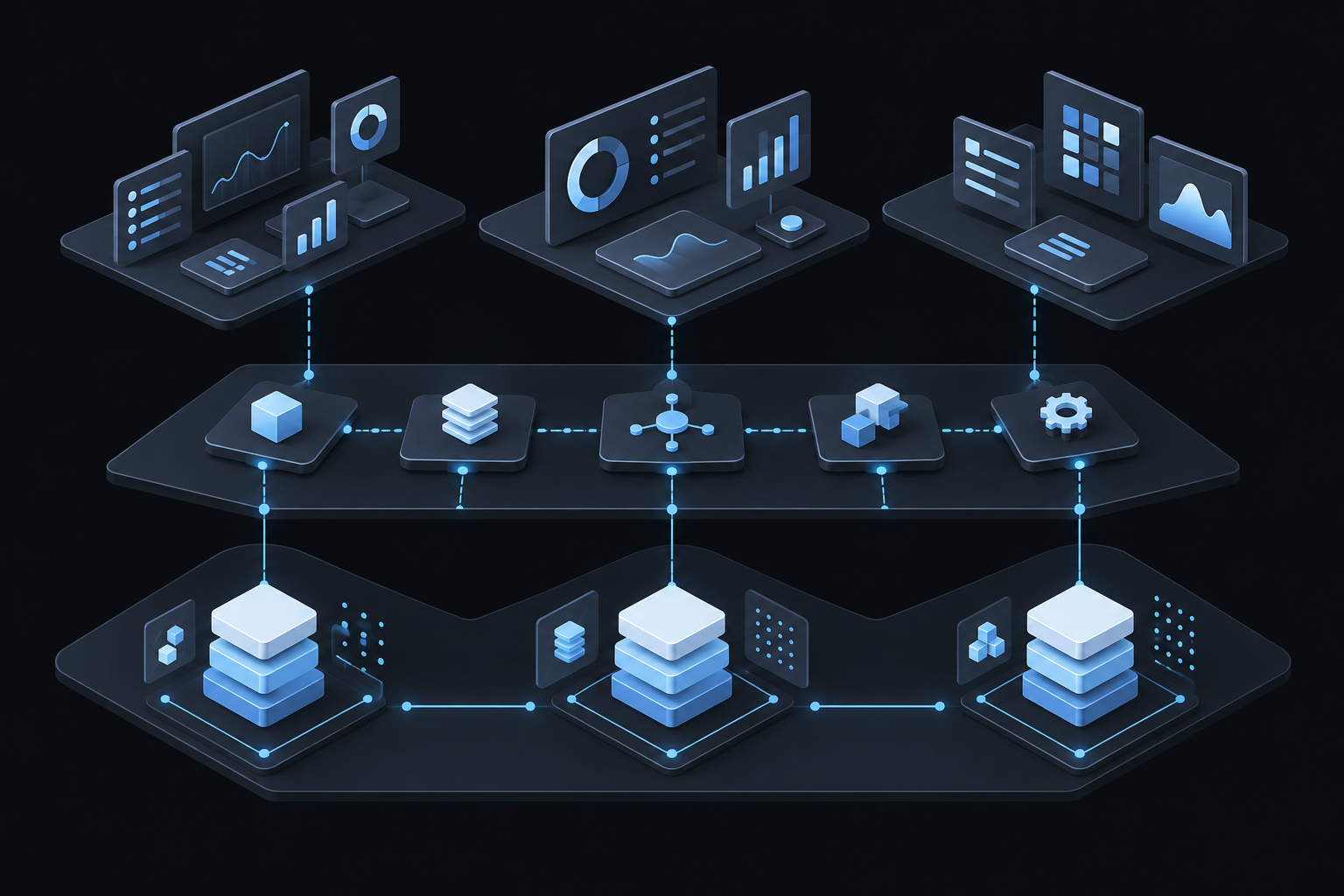 Stylised isometric interface layers separating data, application modules and tenant workspaces in the platform vision.