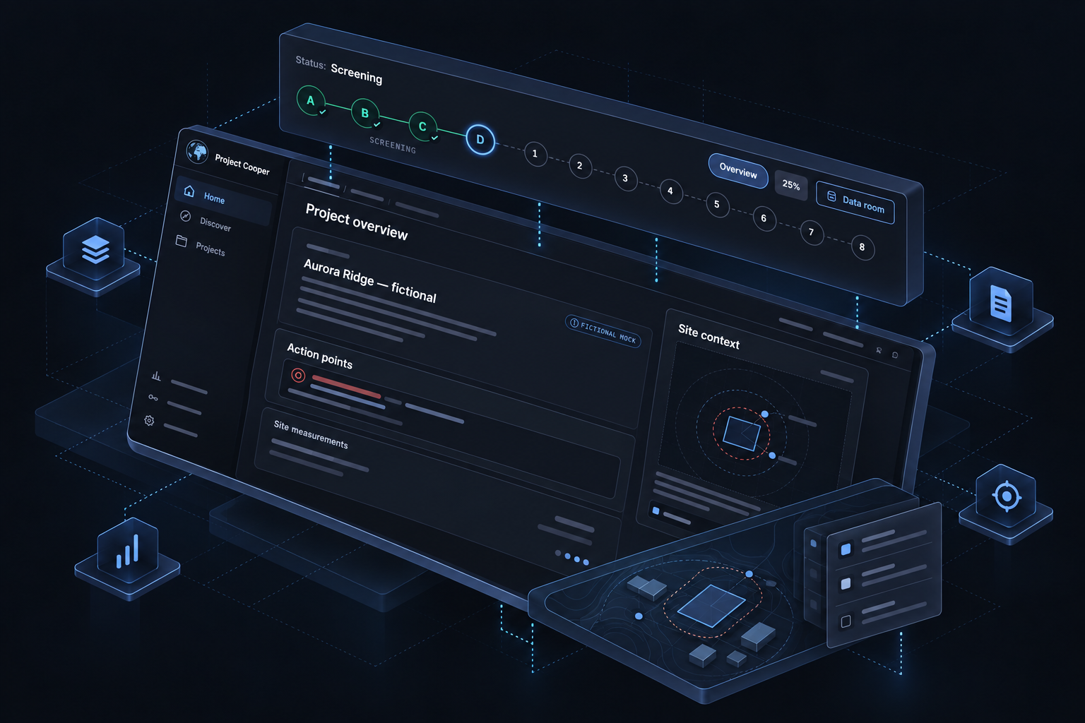 Futuristic isometric interpretation of Cooper's project workspace, with lifecycle and evidence panels raised above the interface.